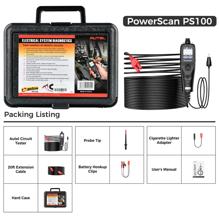 Autel PowerScan PS100 Color Black  Automotive Circuit Tester Universal 12V/24V Power Circuit Probe Tool 20ft Extension Cable