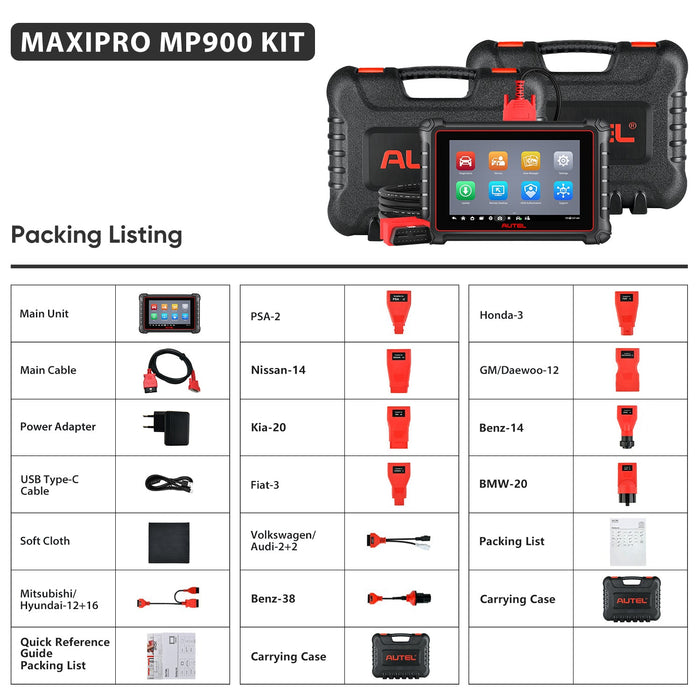 【2024 Plus récent】Autel Maxipro MP900 Kit (MP900 + adaptateurs de boîte) Scanner de diagnostic, système complet multimarque Android 11, 40+ services丨codage ECU丨Multilingue